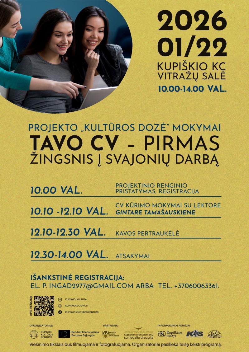 Projekto „Kultūros dozė“ mokymai „Tavo CV – pirmas žingsnis į svajonių darbą“