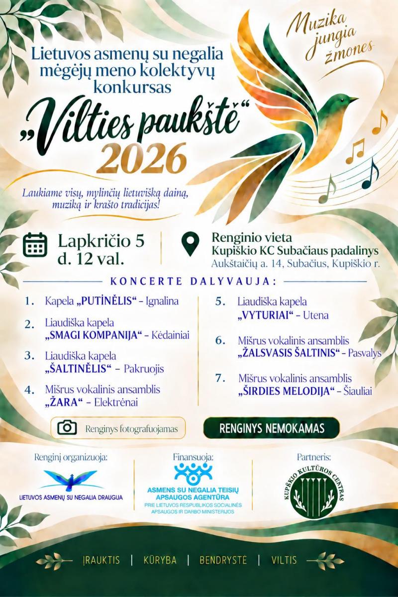Lietuvos asmenų su negalia mėgėjų meno kolektyvų konkursas „Vilties paukštė 2026“